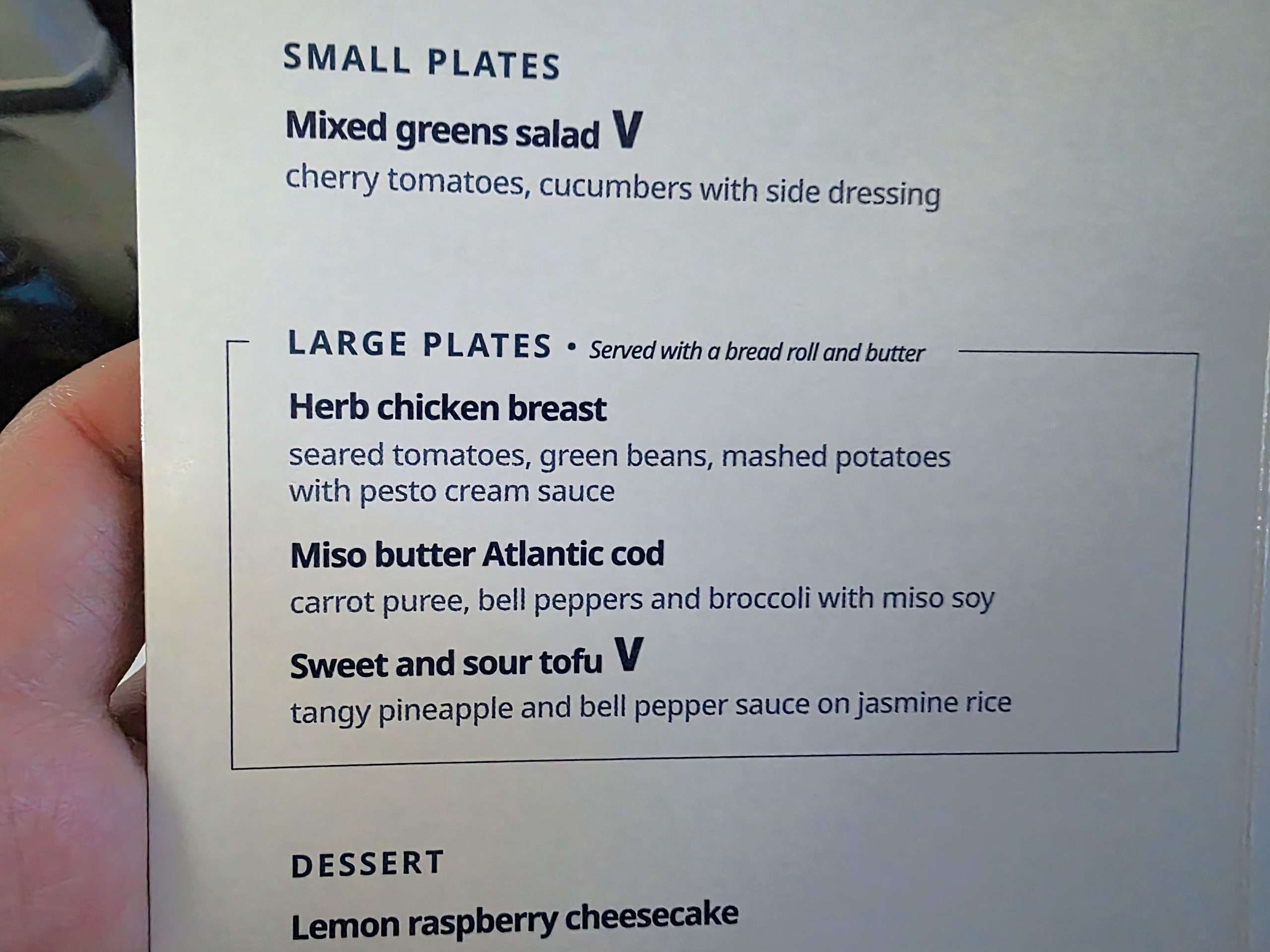 WestJet Premium Economy dinner menu large plates options Calgary Seoul