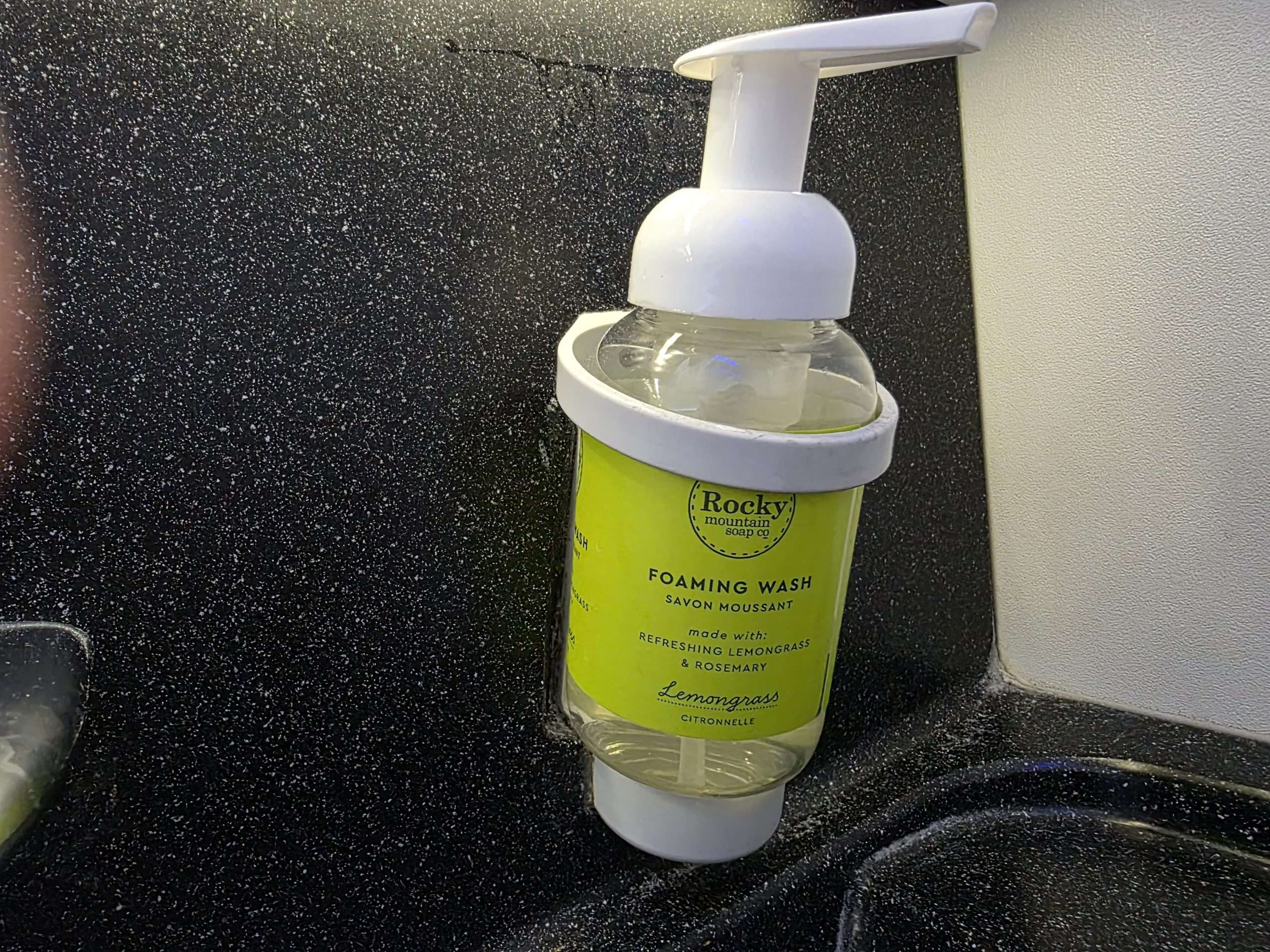 WestJet Premium Economy Rocky Mountain lemongrass foaming wash washroom amenities