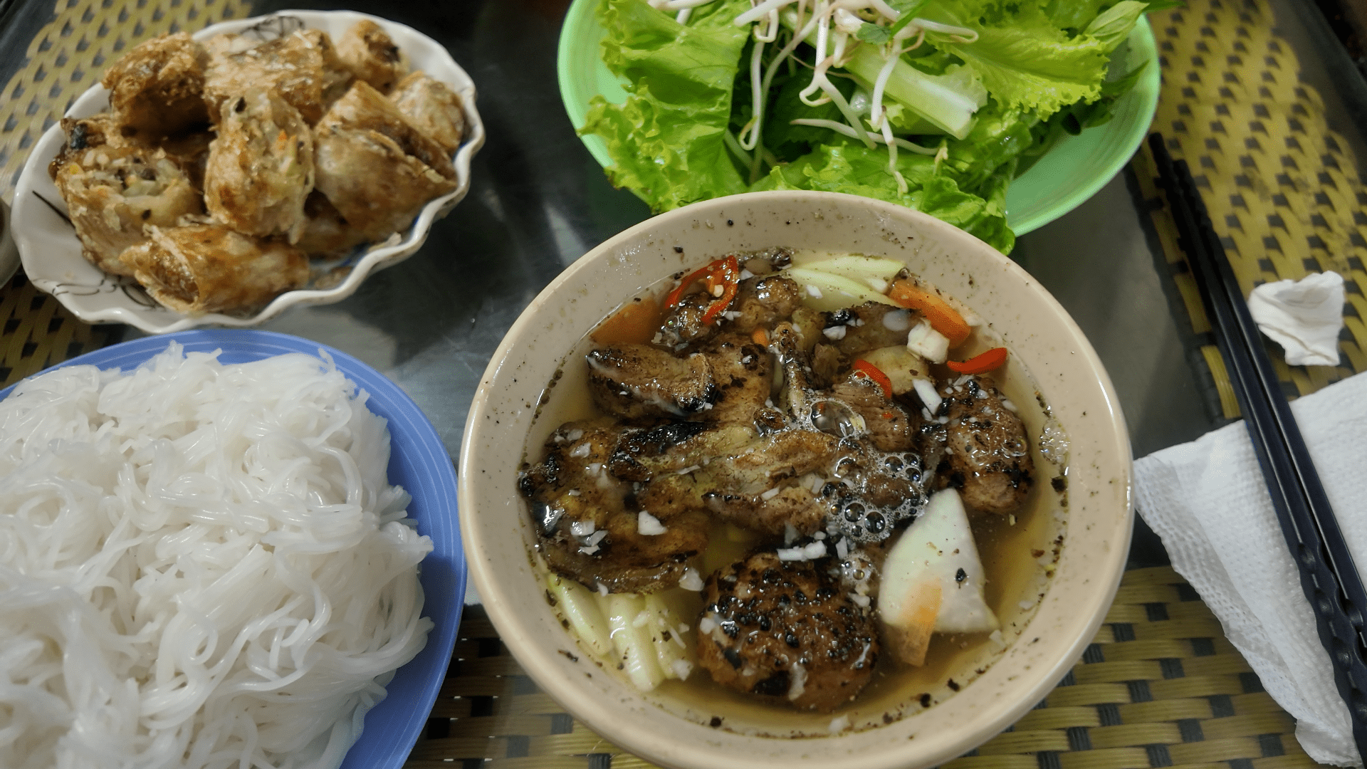 Bun cha spring rolls pickled papaya Hanoi
