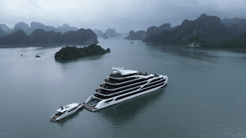 Diana Lan Ha Bay cruise boat aerial drone shot Vietnam