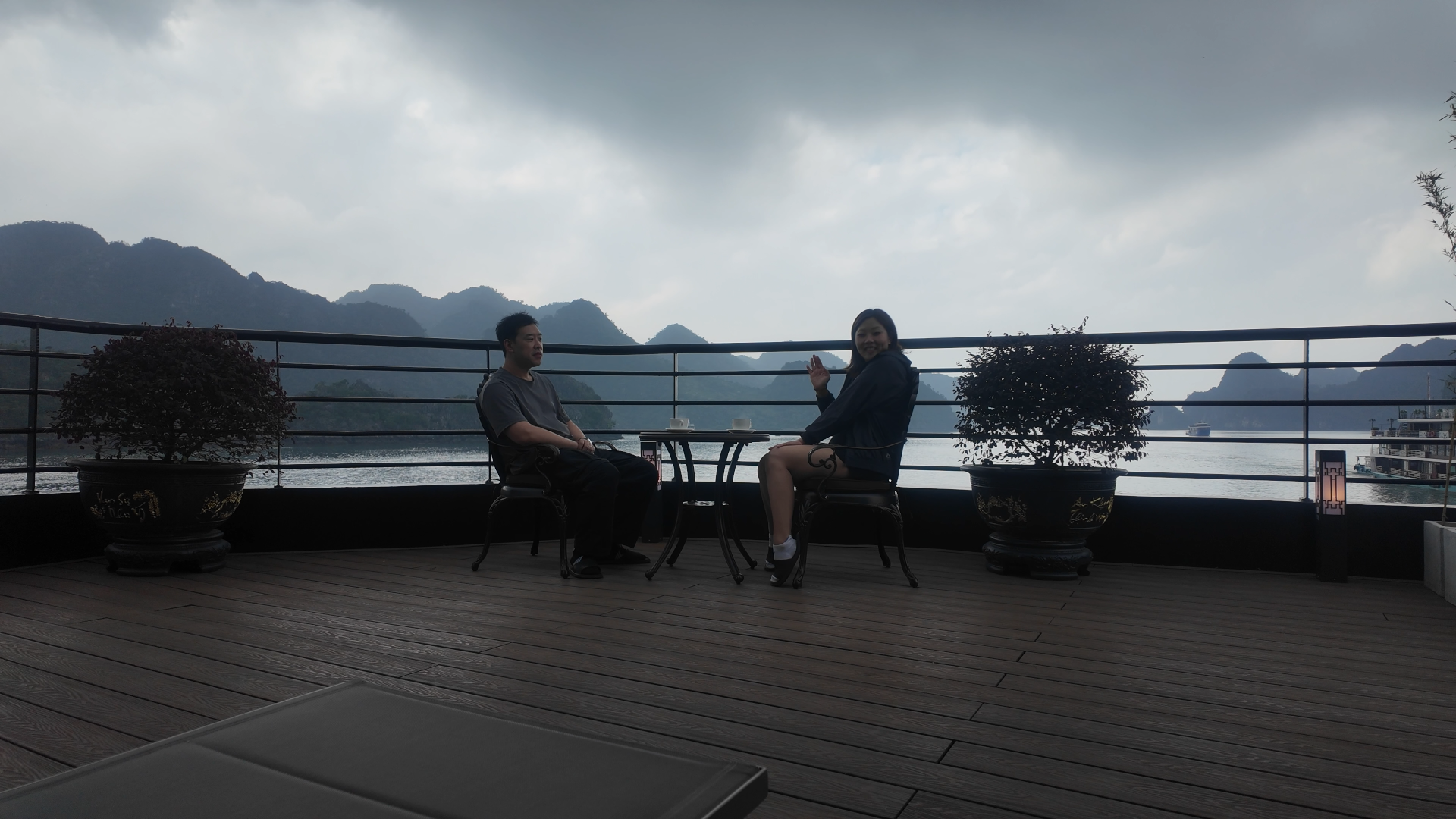 Jenny Ian coffee Diana cruise balcony Lan Ha Bay Vietnam