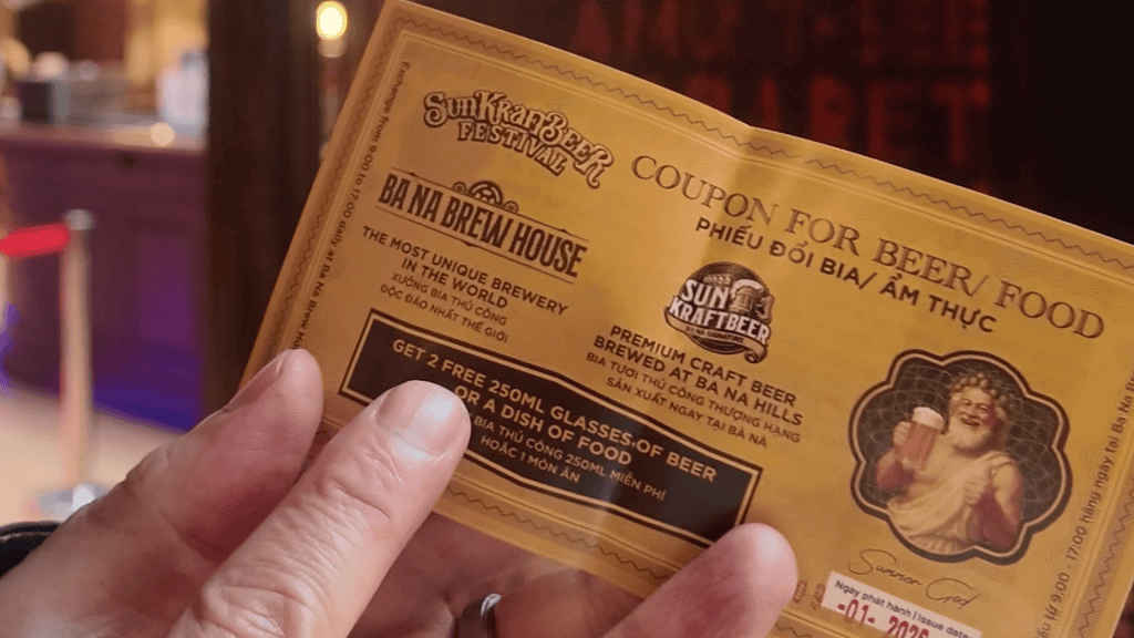 Free beer coupon at the Ba Na Hills Beer Plaza, Vietnam