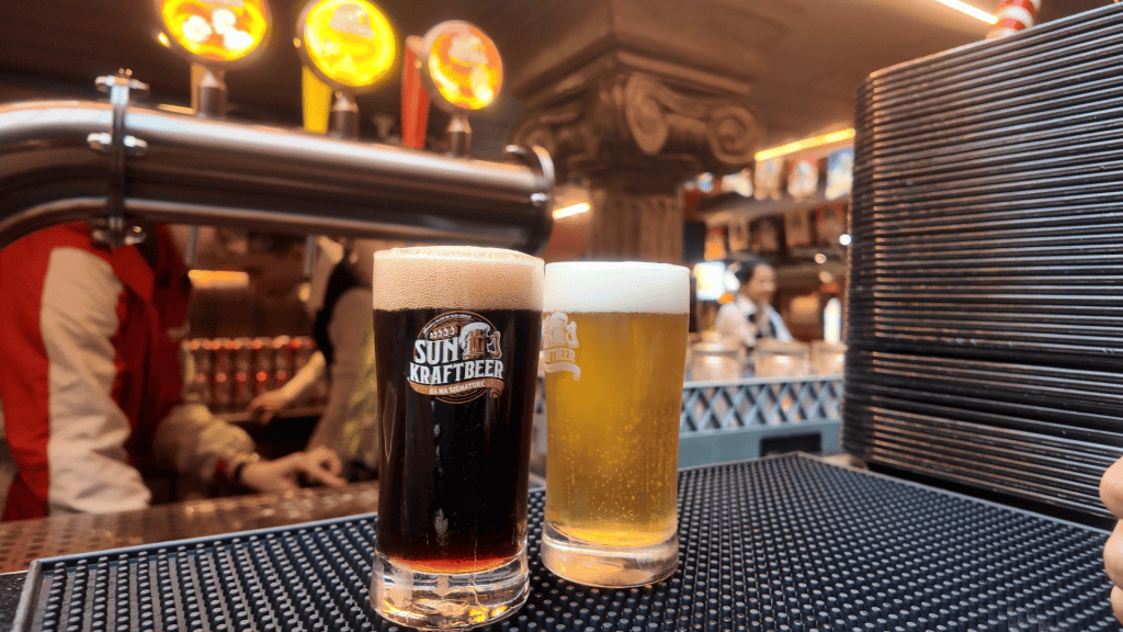 Glass of craft beer at the Beer Plaza, Ba Na Hills, Vietnam