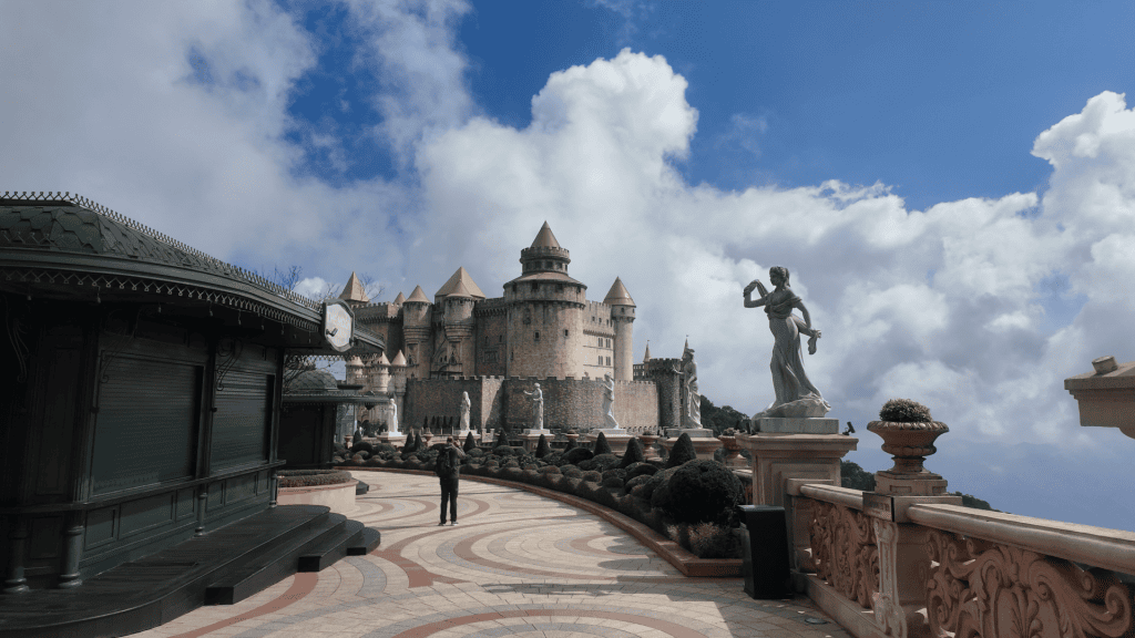 European-style statue and building in the French Village, Ba Na Hills, Vietnam