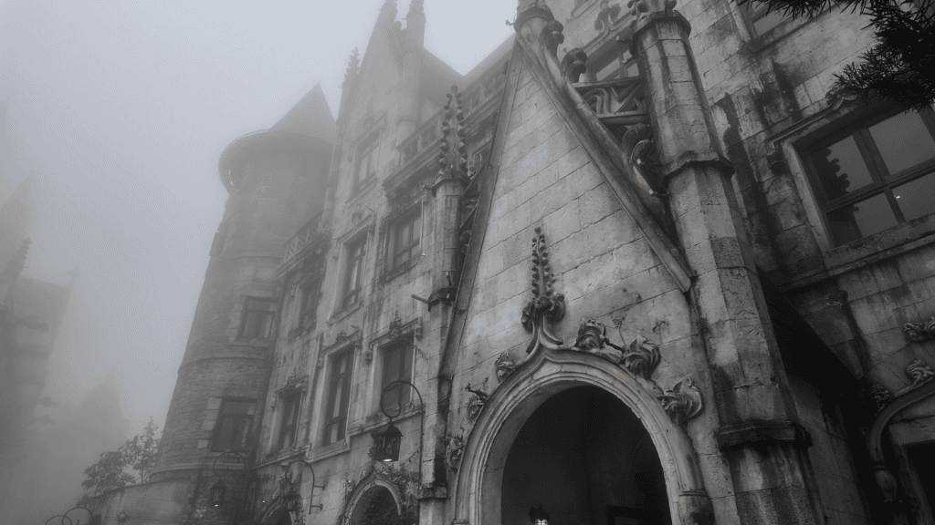 Gothic cathedral facade in fog, French Village, Ba Na Hills, Vietnam