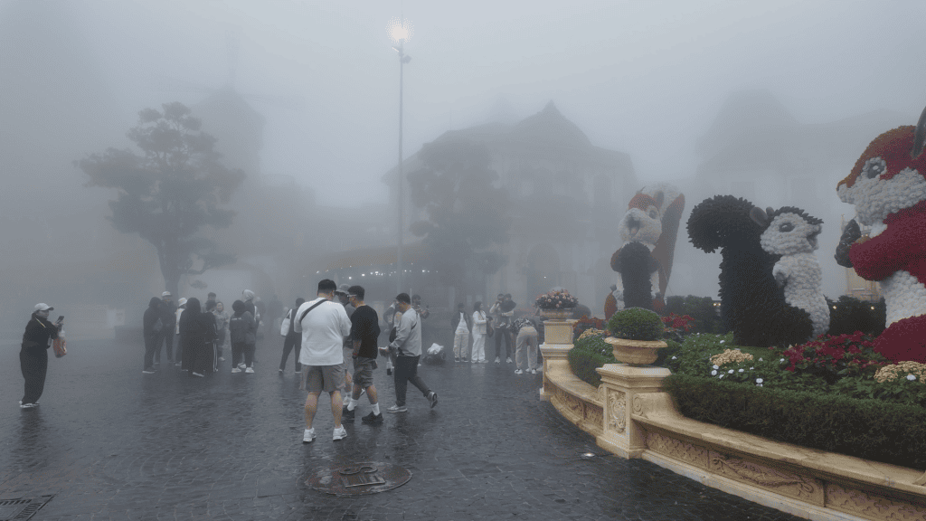 French Village tram in thick fog at Ba Na Hills, Vietnam