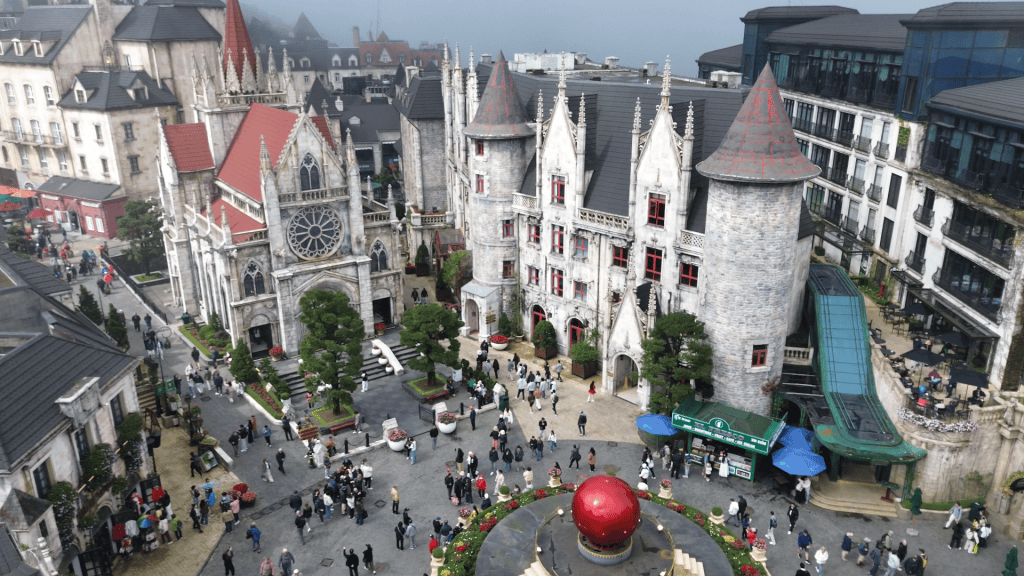 French Village rooftops and cathedral at Ba Na Hills, Vietnam