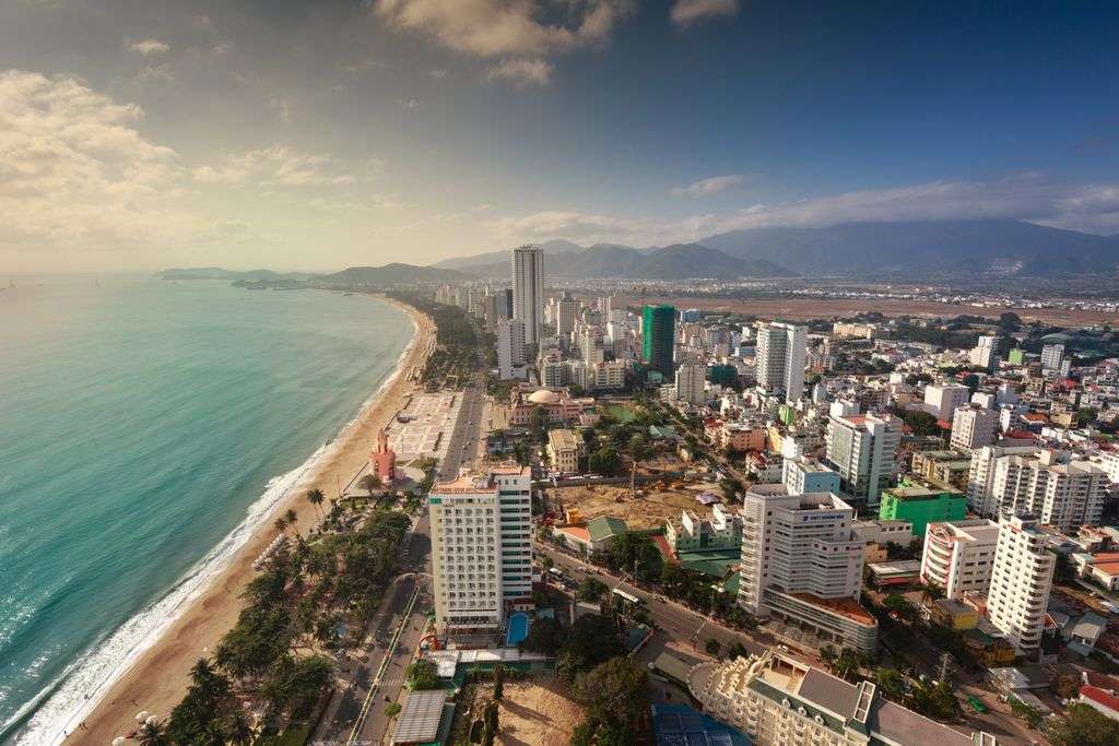 Aerial view of Nha Trang's coastline, beach and mountains, Vietnam