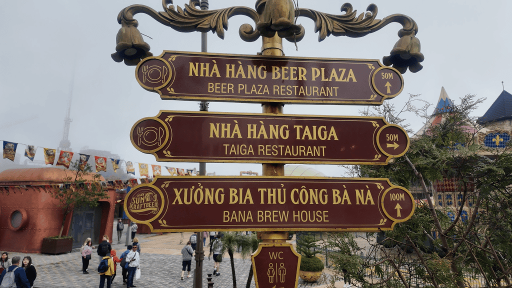 Restaurant plaza signboards at Ba Na Hills, Vietnam