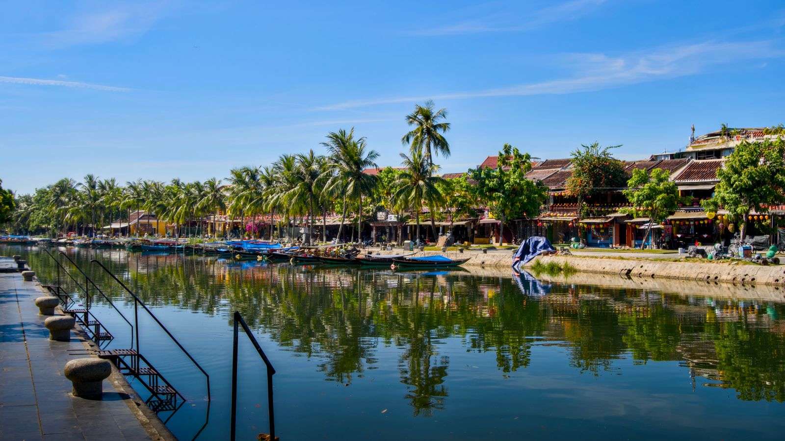 Riverside view of Hoi An ancient town, Vietnam, on a bright morning after the rain